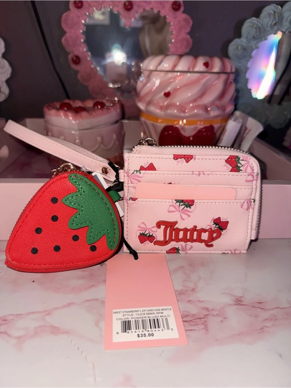 Juicy Couture Sweet Strawberry Zip Card Case Wristlet with Strawberry Coin Pouch
